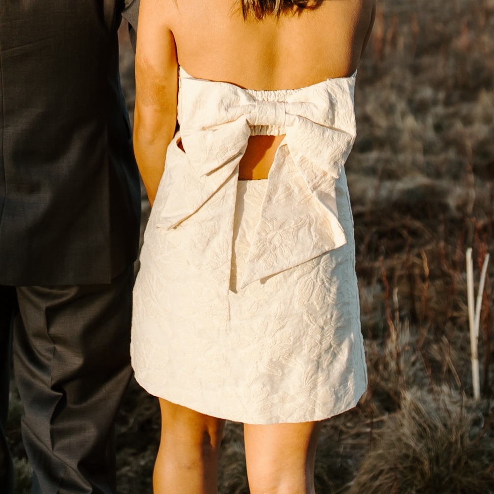 Anthropologie White Textured Bow Mini Dress